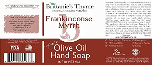 Brittanie's Thyme Organic Natural Hand Sabão, 16 oz hidratante sabonete castile feito azeite e óleos essenciais