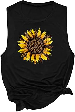 Oplxuo feminino redondo de pescoço sem mangas tampas do sol das flores de estampa de flor do sol camisetas