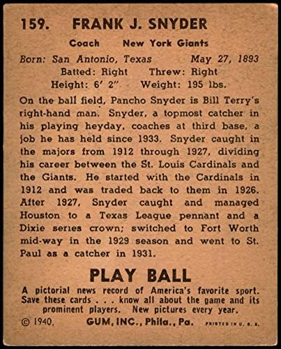 1940 Play Ball 159 Poncho Snyder New York Giants VG/Ex+ Giants