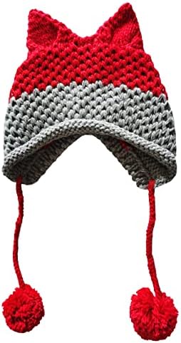 SUNONE11 FOX Ears Beanie Winter Warm Handmade Knitting Caps Pompom Caps Patchwork Capacete de crochê