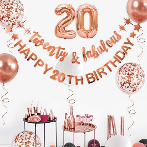 Rose Gold Twenty & Fabulous Happy 20th Birthday Birthday Banner Garland Foil Balão 20 para meninas