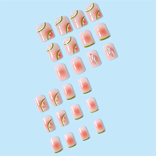Quadrado unhas falsas pregos curtos capa cheia de verão francês lemon rosa presa nas unhas 24 peças dicas