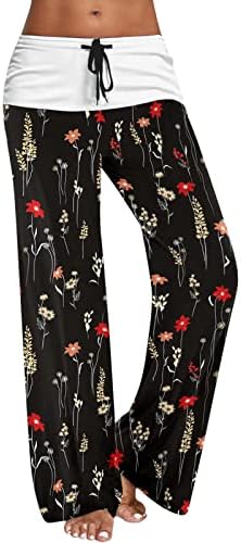 Calça de praia para mulheres cintura elástica perna larga estampa floral palazzo ioga