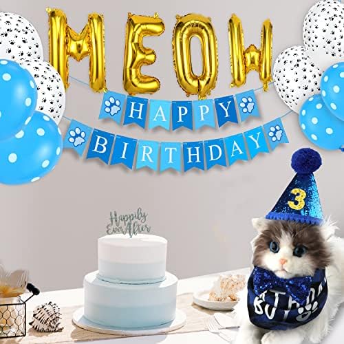 Blue Cat Birthday Party Supplies, Cut Cat Birthday Supplies with Cat Birthday Hat Tie Número
