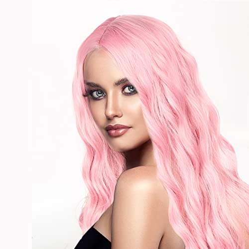 Uliova de 28 polegadas de 28 polegadas de peruca rosa longa tecido sintético peruca de renda média enrolamento