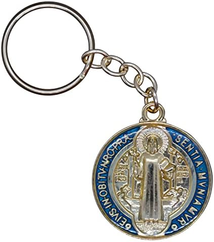 Chaves de metal de Too de Ouro de Medalha St. Benedict | Detalhes da resina azul e vermelha | Patrono Santo dos