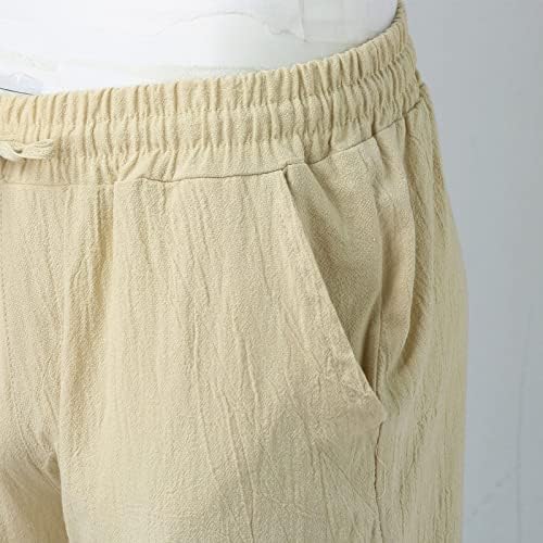 Calça de cordão de punho masculino calça sólida casual curto de comprimento completo linho lençal