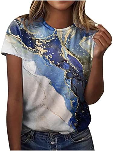 Camisetas de mármore com bloco colorido de comigeewa para feminino de verão e outono de manga curta Crew