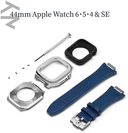 Kronemar Apple Watch Case com banda de couro italiana compatível com 44mm Apple Watch Series 6/5/4/SE - 316L Case de aço inoxidável e banda de relógio de maçã em couro italiano azul Vachetta