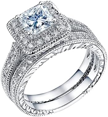 Anéis vintage de Yistu para mulheres Conjunto de 2 casais Princess Cut Diamond Diamond Ring Fashion Fashion