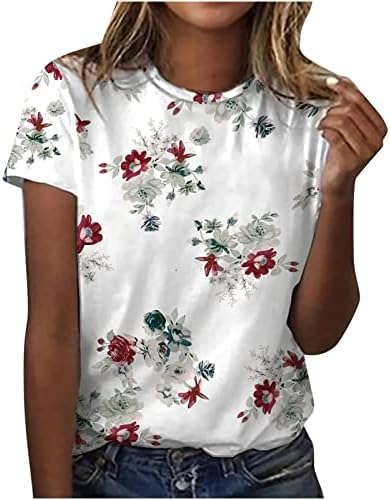 Camisas de manga curta para mulheres, blusa de camiseta floral de tampas redondas do pescoço redondo