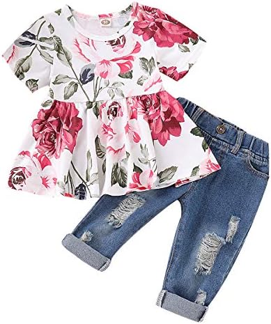 Roupas de roupas de garotas carotoo, fofa bebê floral de manga comprida conjunto de calça de flor de