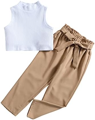 Milumia Girl's 2 peças roupas sem mangas Tampa da colheita de pescoço e calças com cintura de papel com