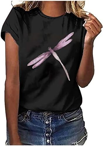 Tops de verão para mulheres Casual Casual Dragonfly Print Crewneck T camisetas Blusa de manga curta solta Camiseta