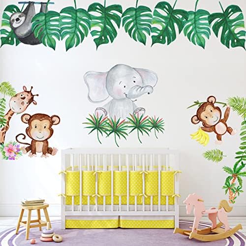 Adesivos de parede de animais da selva de plantas verdes tropicais, desenho animado de girafa de elefante