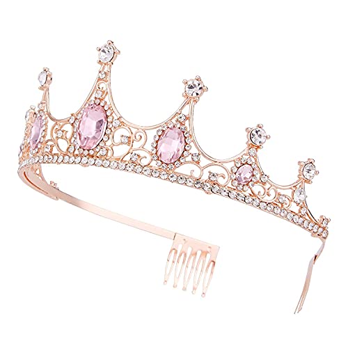 Vofler Rose Gold Tiara Crown com cristal rosa - bandana de shinestone clara vintage barroca para mulheres que rainha