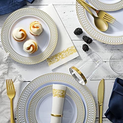 Placas brancas e douradas de 252 peças, guardanapos, suprimentos de festa, utensílios de jantar