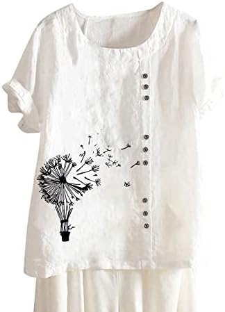 T-shirt feminina de linho de algodão de manga curta no verão de cor sólida color