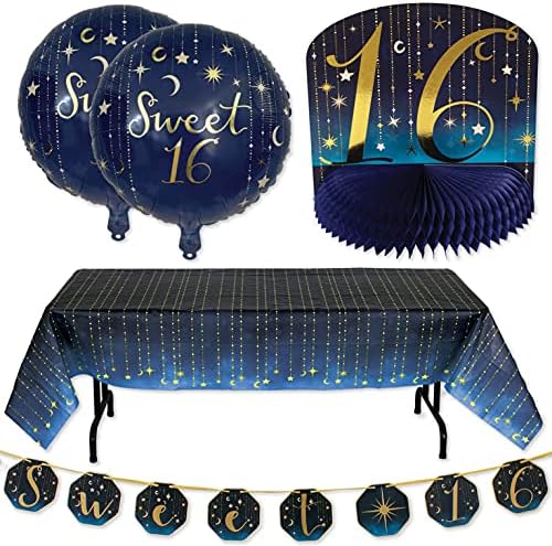 Havercamp Sweet 16 Birthday Party Decoration Collection; Estrelas, luas e Bling de ouro em um fundo noturno
