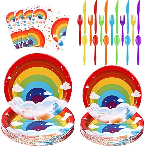 Twowyhi 216pcs Rainbow Birthday Party Supplies Conjunto de 7 polegadas de 9 polegadas Placas de festa