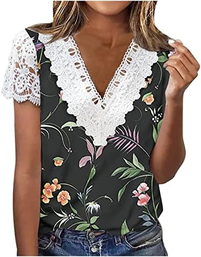 Camisetas da moda para mulheres crochê de crochê V Blusa do pescoço Floral Print Cutout Tees de manga