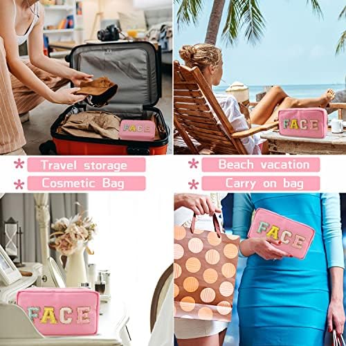 Bolsa de maquiagem formal de gimfry nylon chenille patches saco de cosmético rosa pequeno para viagens e
