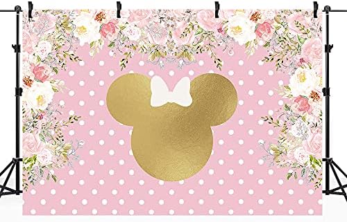 Riyidecor Floral Mouse Head Cenário de 7x5ft Flores brancas rosa Polca Dots menina chá de bebê Party Birthday