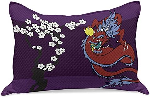 Ambesonne Dragon malha de malha de colcha de travesseiros, estilo japonês de desenho inspirado em termos de cerejeira