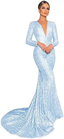 V Vestido de baile de lantejoulas de manga comprida V para mulheres 2023 Mermaid Long Sparkle Sparkle