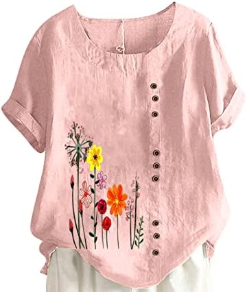 Camisa da blusa para mulheres de manga curta linho de linho de algodão rosa margarida floral lounge