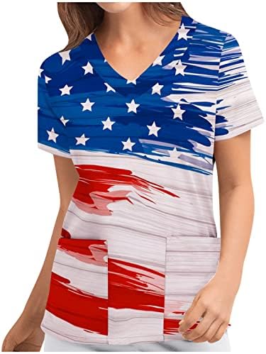 4 de julho Scrub Tops for Women American Independence Day Workworkwear USA Flag de impressão Tops de enfermagem