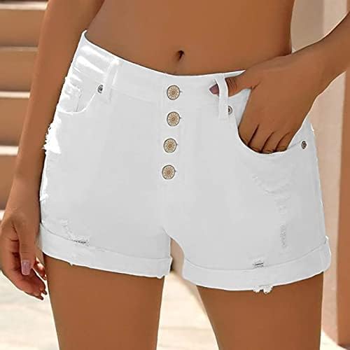 QUGUANDZ Mulheres rasgadas hem de bainha alta de cintura alta shorts de jeans de verão no verão casual slim fit button button mostro jeans shorts