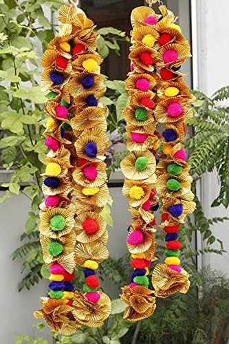 Nutts por porta de parede feita à mão 1 ft.strings pendurados pom pom Torans garland bandhwar com sinos de ouro