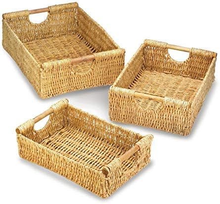 Wakatobi May Maize Nesting Basket Set de 3 palha de tecido com alças de passador Wodded