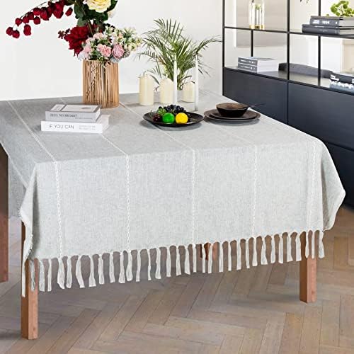 Toalha de mesa boho, toalha de mesa de bordado de linho limpa com borla artesanal, resistente à prova d'água