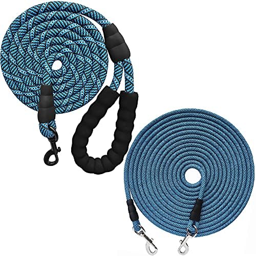 Yucforen 8ft azul de corda pesada cachorro coleira + 15 pés de verificação de verificação/amarração da corda longa