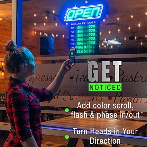 GLI LED SIGN OPEN com horário comercial - Desenhe -se com combos de cores do 1000 para combinar com sua marca, - Flash de neon ou rolagem - aplicativo programável, 15 x 16,5 polegadas