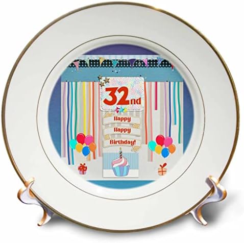 Imagem 3drose de 32º aniversário, cupcake, vela, balões, presentes, serpentina - placas