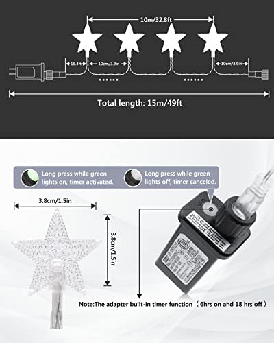 Luzes de corda de estrela de Flacchi Branco 100 LED 33 pés Luzes de luzes do timer plug in Fairy Lights 8 Modos