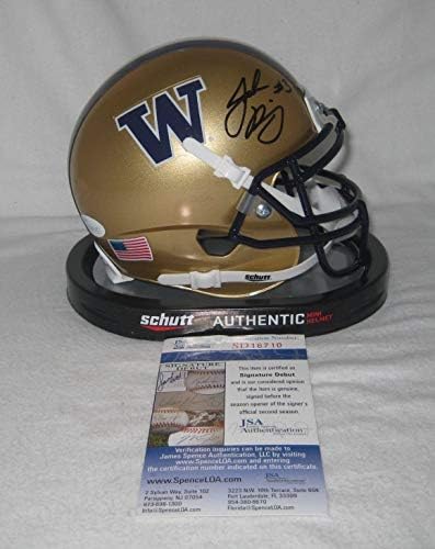 Jake Browning assinou Washington Huskies Gold Mini Capacete - JSA Signature Frie - Mini capacetes da faculdade