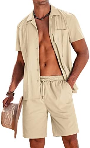Coofandy masculino de linho masculino 2 peças roupas de verão de manga curta camisa e shorts