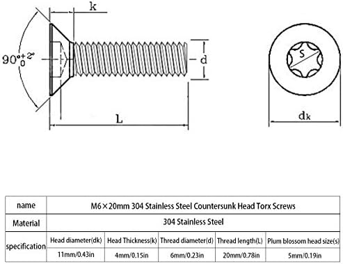M6-1.0 × 20mm 304 Aço inoxidável Antecedra parafusos Torx parafusos Torx 20pcs, parafusos completos de rosca,
