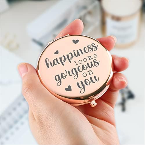 Presentes inspiradores para mulheres felicidade está linda em seu espelho compacto rosa colegas de ouro