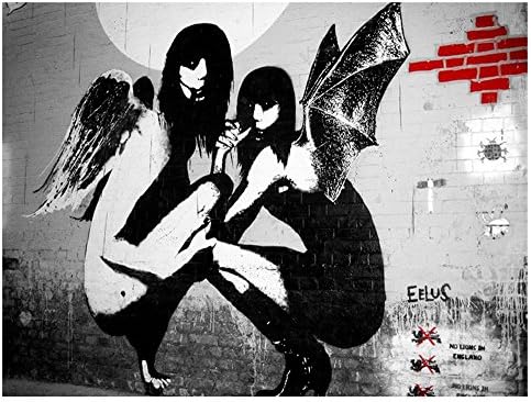 ALONLINE ART - Anjos ajoelhados bêbados por Banksy | Imagem emoldurada de faia impressa em tela algodão,