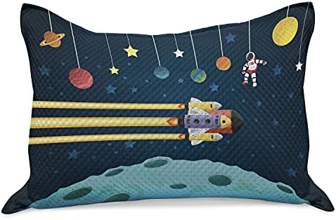 Ambesonne Scerter Space micoteca de colcha de travesseira, foguete voando sobre a lua com um astronauta e planetas,