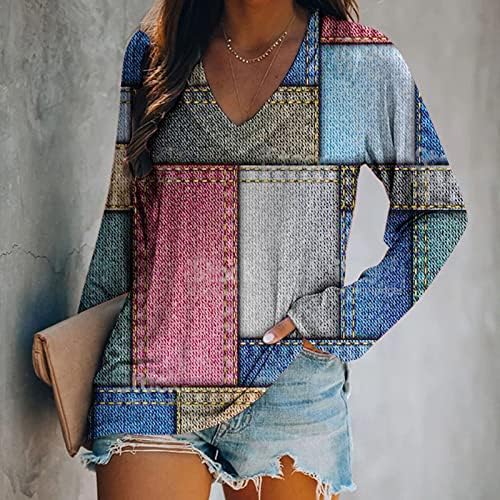 Blusas de manga comprida para mulheres v pescoço geométrico de túnica gráfica geométrica tee mola bloco