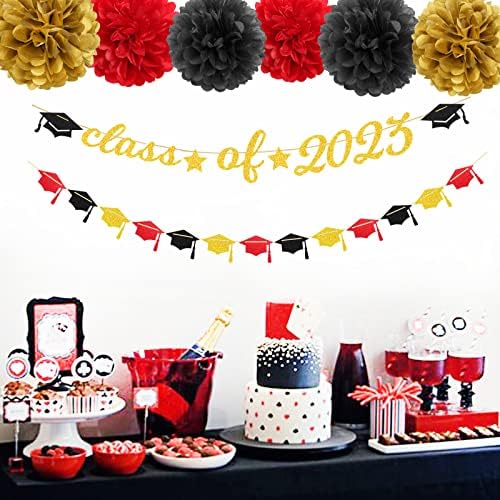 Red Black-Gold-Gold decorações Banner de graduação-Kits de 8pcs Classe de 2023 Cap Garland Freines,