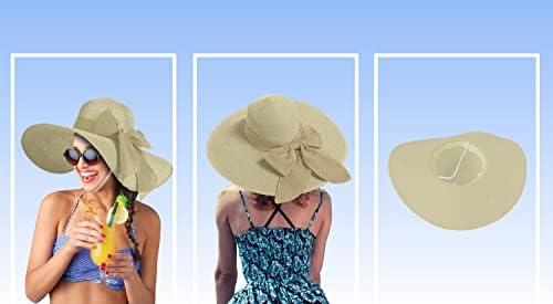 Chapéu de sol de palha para mulheres, limite de proteção UV de 50+ da aba upf com arco, chapéu de praia embalável