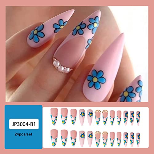 Flor Press On Nails Medium, 24 PCs French Tip Nails Falsa Pressione Almond em Nails Summer Floral Nail Art