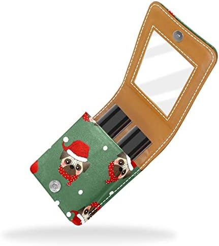 Mini estojo de batom com espelho para bolsa, Pug Santa Claus Dog com Organização de caixa portátil